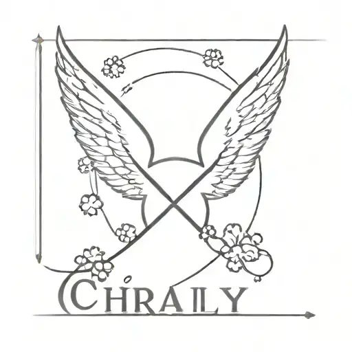 the name chraly with angel wings and a paw print tattoo design idea