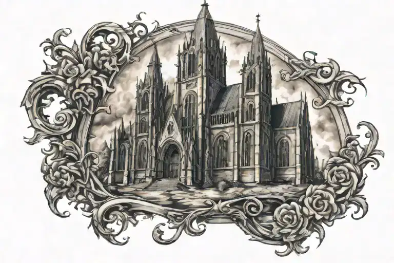 Burning church with gothic architecture behind  tattoo design idea