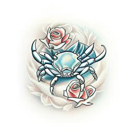 crab zodiac with white roses tattoo design idea