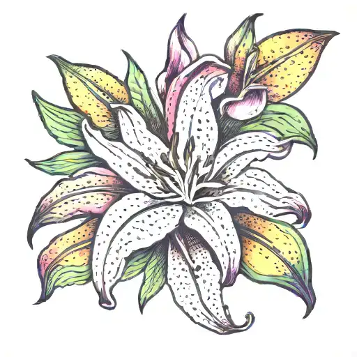 rainbow lily flower with words "we ain't angry at you love you're the greatest thing we've lost" tattoo design idea