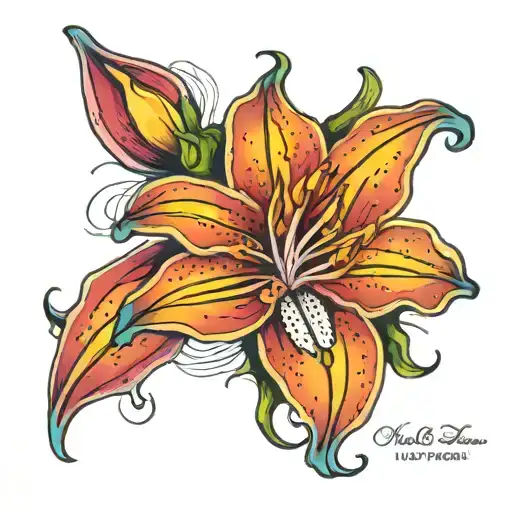 rainbow lily flower with words "we ain't angry at you love you're the greatest thing we've lost" tattoo design idea