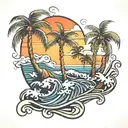 west coast palm trees and waves tattoo design idea