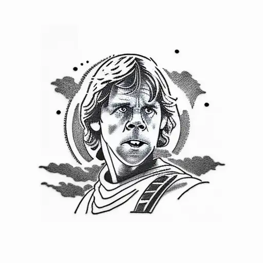 I want a picture of the sunset landscape with Luke Skywalker on Tatooine tattoo design idea
