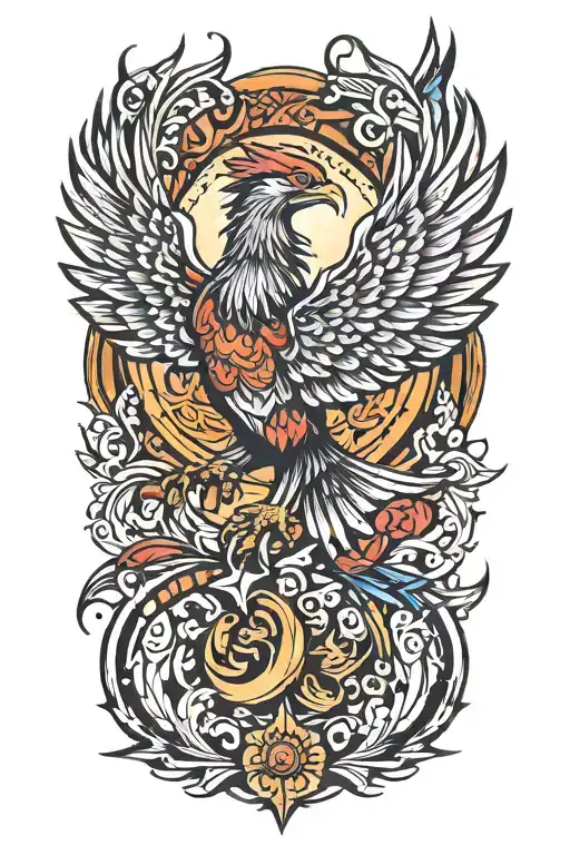 polish brush with colorful majestic phoenix rising tattoo design idea