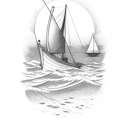 A serene seascape with a Viking ship sailing towards a distant horizon tattoo design idea