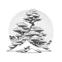 A tranquil mountain landscape with a samurai meditating under a blossoming cherry tree tattoo design idea