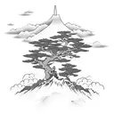 A tranquil mountain landscape with a samurai meditating under a blossoming cherry tree tattoo design idea