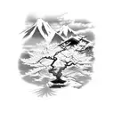 A tranquil mountain landscape with a samurai meditating under a blossoming cherry tree tattoo design idea