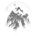 A tranquil mountain landscape with a samurai meditating under a blossoming cherry tree tattoo design idea