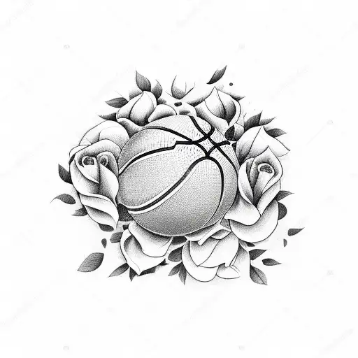 A basketball player dunking over a field of roses in dotwork style tattoo design idea