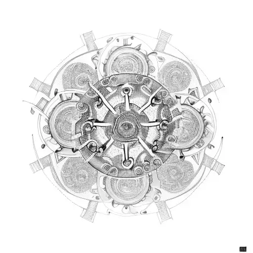 A hypnotic spiral with gears and cogs inside, representing the power of mind manipulation and engineering. tattoo design idea