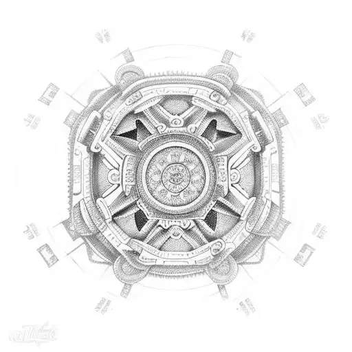An intricate mandala design incorporating gym equipment and car parts, symbolizing the balance between physical strength and the power of machines. tattoo design idea