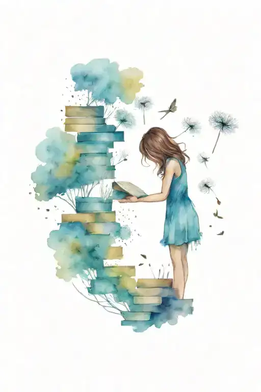 a woman with brown hair facing away standing on a stack of books releasing a dandelion tattoo design idea