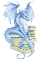 a majestic feminine purple dragon perched upon a towering stack of books while reading her favorite book. tattoo design idea