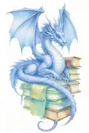 a majestic feminine purple dragon perched upon a towering stack of books while reading her favorite book. tattoo design idea