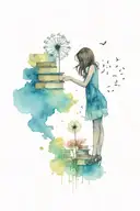 a woman with brown hair facing away standing on a stack of books releasing a dandelion tattoo design idea