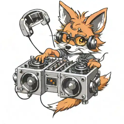 smiling cute cartoony anthro furry fox with two dj decks and headphones  tattoo design idea