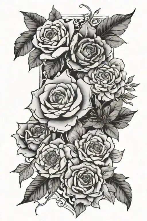 a patchwork sleeve with flowers tattoo design idea