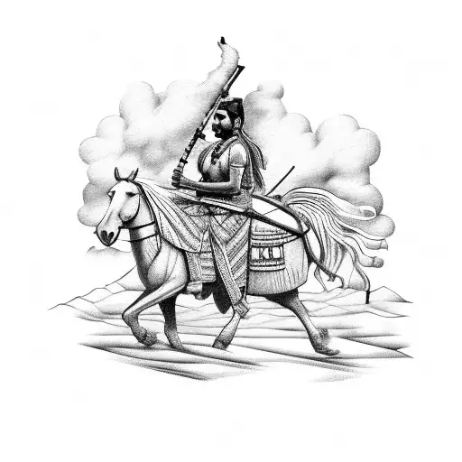  Indian smoking a pipe on horseback with a village in the background and a totem at the entrance tattoo design idea