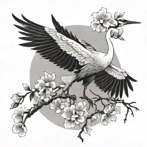 A Japanese crane in the air, with cherry blossoms through its beak and legs tattoo design idea