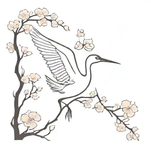 A Japanese crane in the air, with cherry blossoms through its beak and legs tattoo design idea