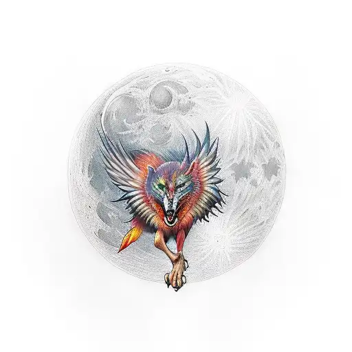  phoenix and Wolf amd moon tattoo design idea