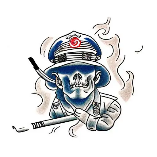 *words* "explore the rad" with a surfer bro wearing captains hat,smoking a cigarette. tattoo design idea