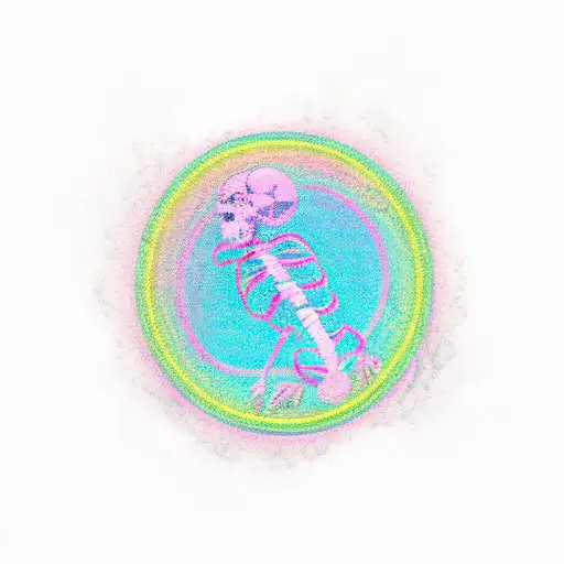 skeleton of a beach bum, relaxing under a neon pinK umbrella, white sandy beach, beautiful blue ocean, 80's vapor sun tattoo design idea