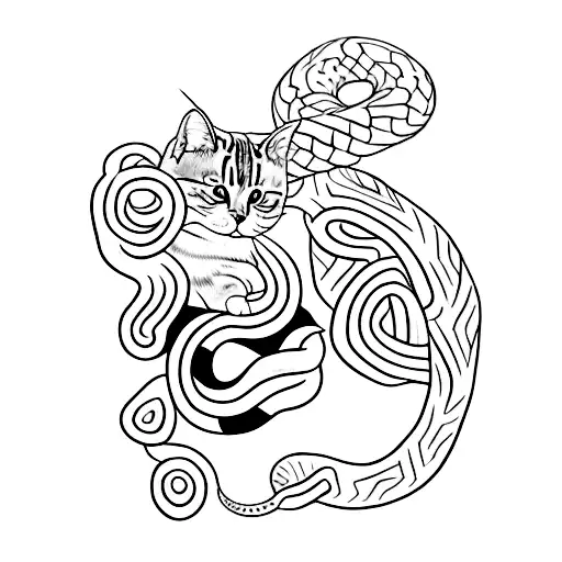 I want a tattoo of a cat wrapped around a snake with a date written on snake's skin - 18-02-23 tattoo design idea