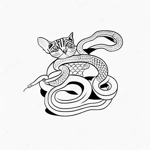 I want a tattoo of a cat wrapped around a snake with a date written on snake's skin - 18-02-23 tattoo design idea