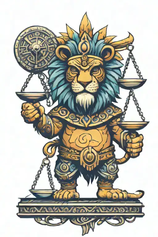 Aztec lion holding scale balanced scale of justice tattoo design idea