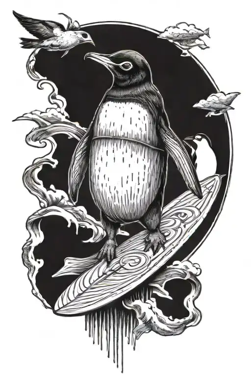 penguin holding a surf board under its wing with baby penguin hanging on the back tattoo design idea