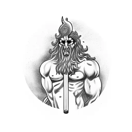 A blackwork tattoo of Hades, the Greek god of the Underworld, holding a wrench in his hand tattoo design idea