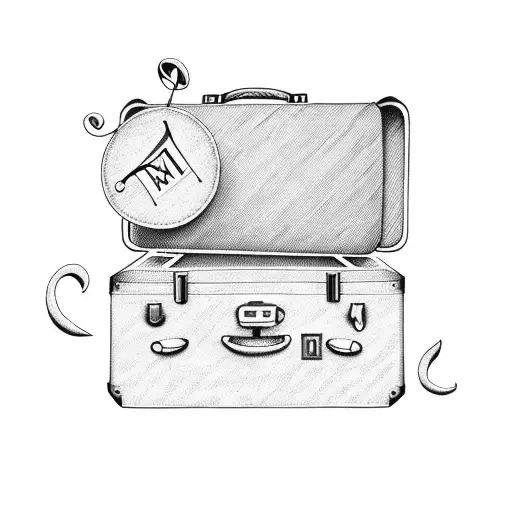 A vintage suitcase with the initials of your wife and a music note, symbolizing your shared love for travel and music tattoo design idea