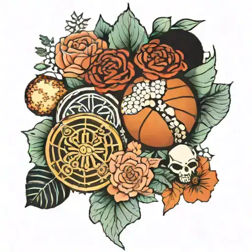 Mandalas with mostera, roses, mushrooms and basketball ball tattoo design idea