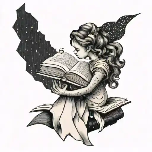 A teacher's silhouette holding a doll, with books and pencils scattered around them tattoo design idea