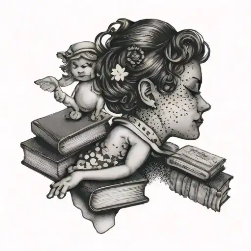 A teacher's silhouette holding a doll, with books and pencils scattered around them tattoo design idea