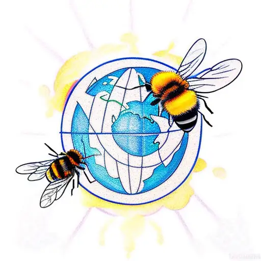 A vibrant tattoo of a bee flying over a globe, symbolizing exploration and travel tattoo design idea