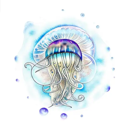 A mesmerizing watercolor tattoo of a jellyfish floating in the ocean, representing the beauty of travel and the unknown tattoo design idea
