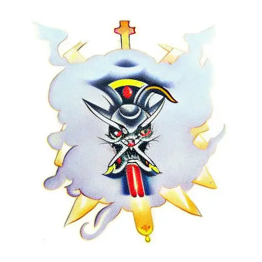 japanesse devil with orthodox cross in eye tattoo design idea