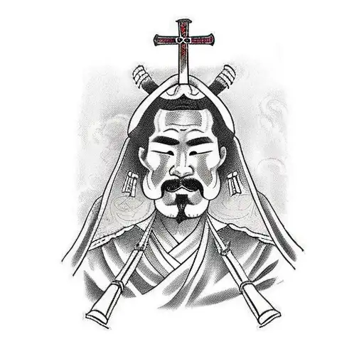 japanesse samurai with orthodox cross in eye tattoo design idea