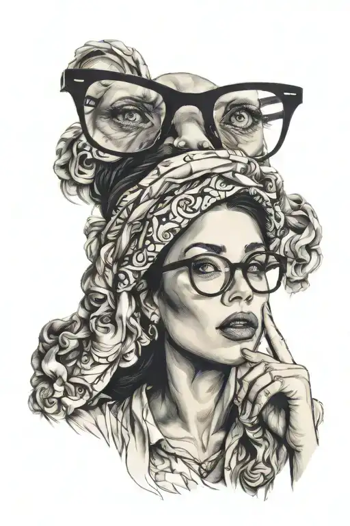 Woman, wearing glasses, praying, eyes to the sky, brunette, big lips tattoo design idea
