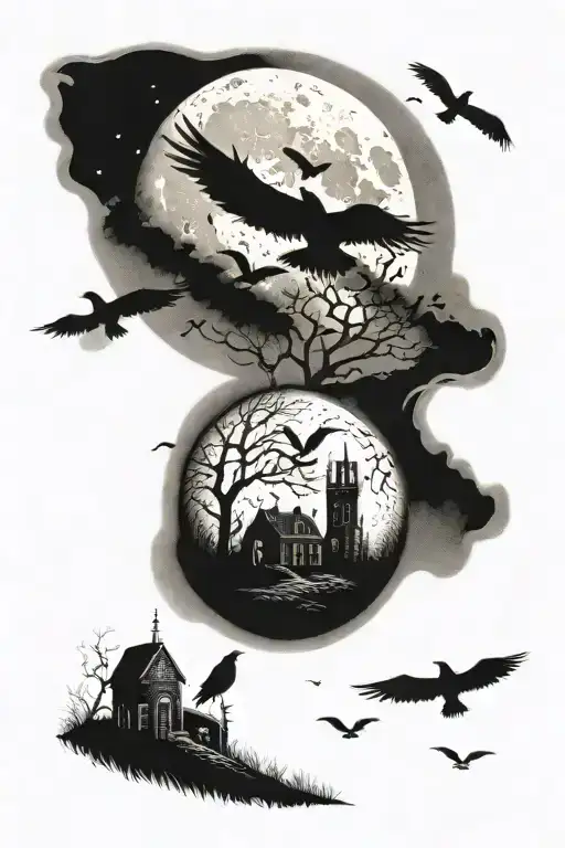 graveyard with crows flying towards large moon with a lot of detail tattoo design idea