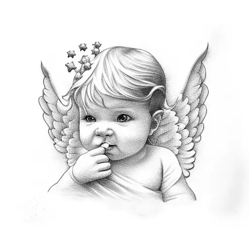 baby angel with clouds tattoo design idea