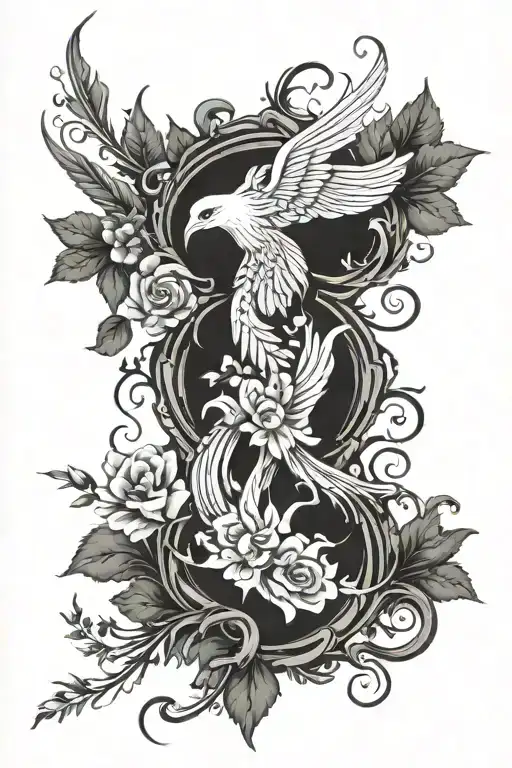 flowers vines phoenix poem written in elegant calligraphy tattoo design idea