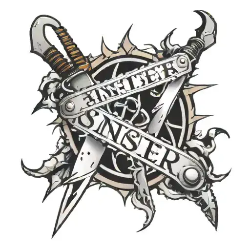 knives, barbed wire, chainlink fence, saw blades, cloudy, lightning, all behind the word, "sinister" tattoo design idea