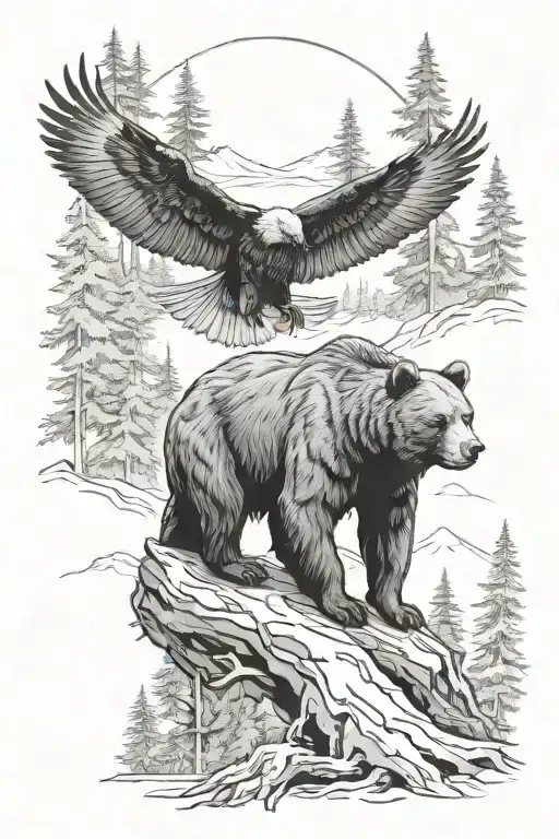 bear and eagle forest scene tattoo design idea