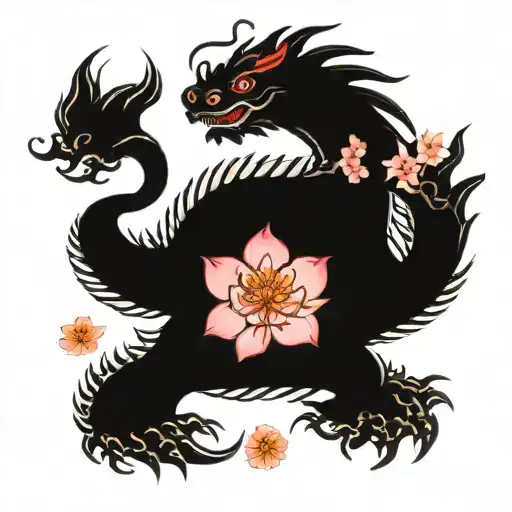 A JAPANESE DRAGON, KOREAN FLAG, LOTUS FLOWER, CHERRY BLOSSOM. tattoo design idea