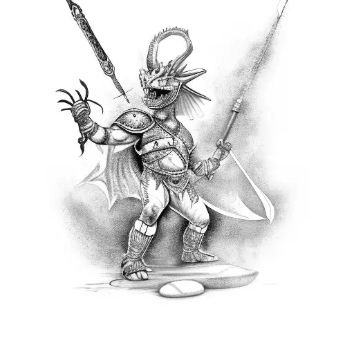 A gladiator fighting a dragon with a rock guitar as a weapon tattoo design idea