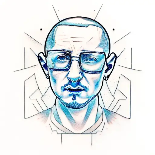 Screaming Chester Bennington in deep space, more blue, knee to ankle circle size tattoo design idea